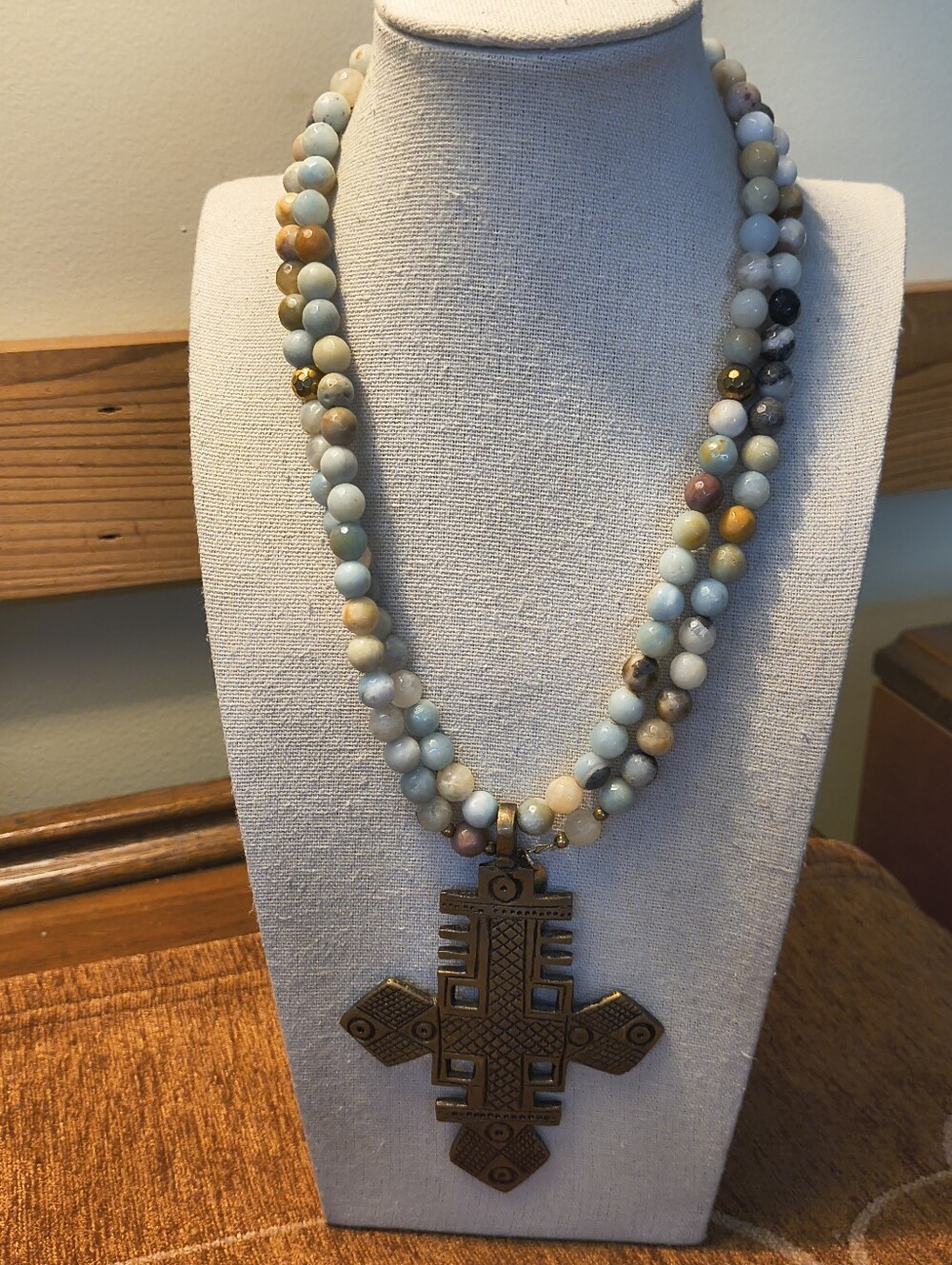 ​Vintage Ethiopian Amazonite  Coptic Brass Cross Pendant  Necklace